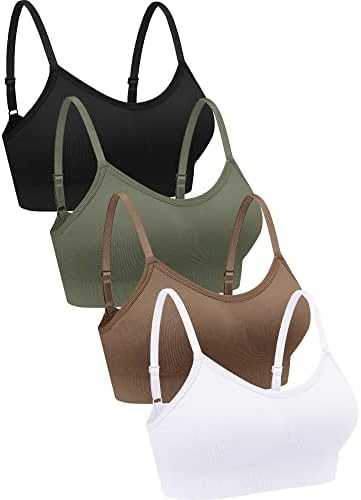4 Pieces Neck Bralettes Wireless Cami Bra Tank Top Bra Sports Bra for Women Girls (Black, Brown, Army Green, White,Small)