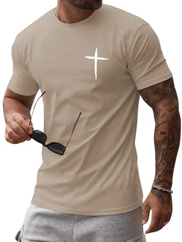 Mens Short Sleeve Cotton T-Shirts Crew Neck Jesus Cross Printed Shirts Faith Christ Shirts