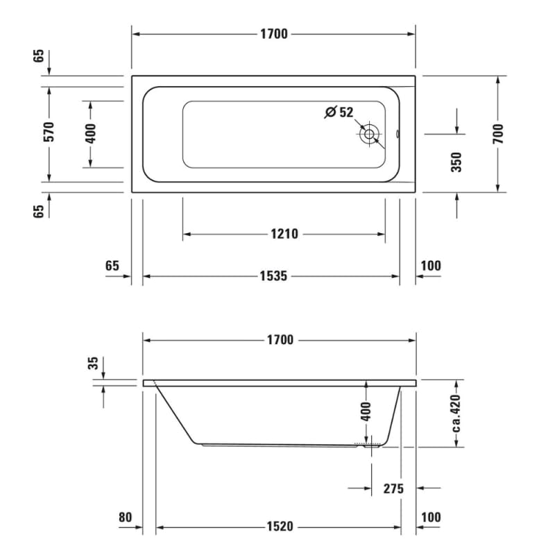 BAIGNOIRE D-CODE 170X70 BLANC AVEC PIEDS VIDAGE LATERAL DURAVIT