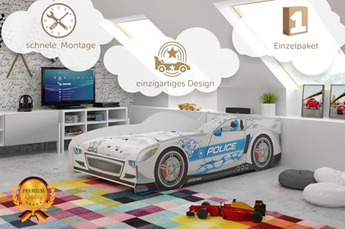 Interbeds Autobett Kinderbett 160x80 Einzelbett Rennwagenbett mit Lattenrost (Silber)