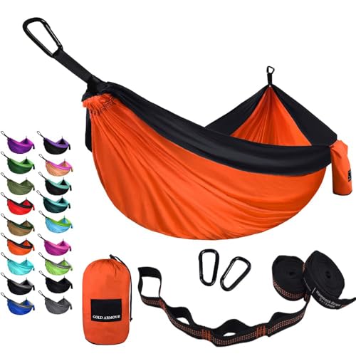 Gold Armour Camping Hammock - Portable Hammock Single Hammock Camping Accessories Gear for Outdoor Indoor Adult Kids, USA Based Brand (Orange & Black)