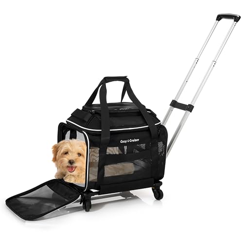 Airline Approved Top-Expanding Pet Carrier on Wheels- Extra Spacious Soft Lined Carrier! 18x11x11 (Black, Original Mesh Sides)