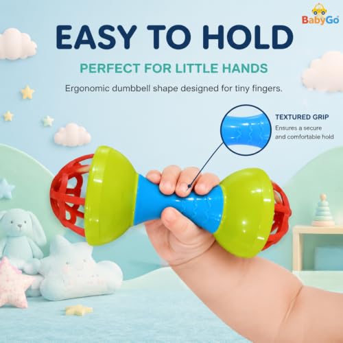 Image of BabyGo Ball Rattle & Dumbbell Toy Set for Babies 0-12 Months | BPA-Free Silicone & ABS Plastic | Soft-Sound Sensory Toys for Teething & Early Development | Pack of 2