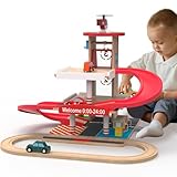 Letoiz Toy Car Garage with Rails, Wooden Parking Garage Toy Playset w/Elevator, Toddler Race Car Ramp Track Toy Set with 4 Mini Cars for Old Boys and Girls Kids Ages 3+ Birthday Gift Christmas