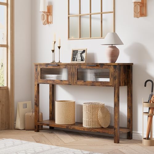 GAOMON Entryway Table, Wood Console Table with 2 Glass Drawers, 2 Tier Sofa Table with Storage for Living Room, Foyer Tables for Entryway-Vintage