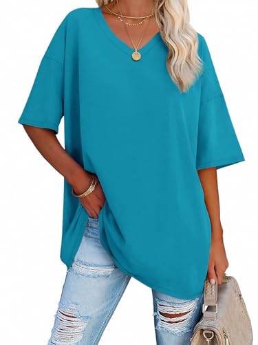 Image of ATHMILE Womens Oversized Shirts V Neck Plus Size Spring Workout Summer Tops Beach Vacation 2026 Gym Clothes Basic Tee