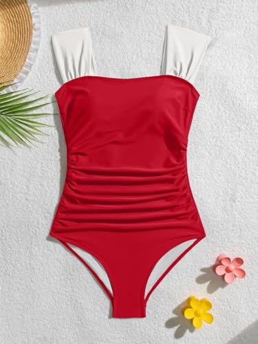Image of B2prity Womens One Piece Swimsuit Retro Square Neck Tummy Control Bathing Suits Ruched Modest Full Coverage Swimwear