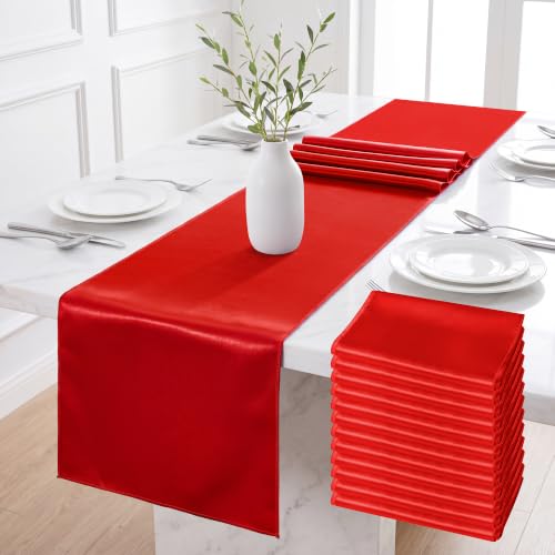 Aneco 16 Pack Satin Table Runner 12 x 108 Inch Red Long Wedding Satin Silk Table Runner for Wedding Banquet Graduations Birthday Party Decoration