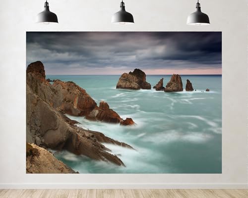 Trykid 5x3ft Moody Coastal Rock Backdrop Misty Sea Dramatic Cloud Photography Background Adventure Trek Scenic Art Tapestry Party Decoration Photo Studio Prop Fabric