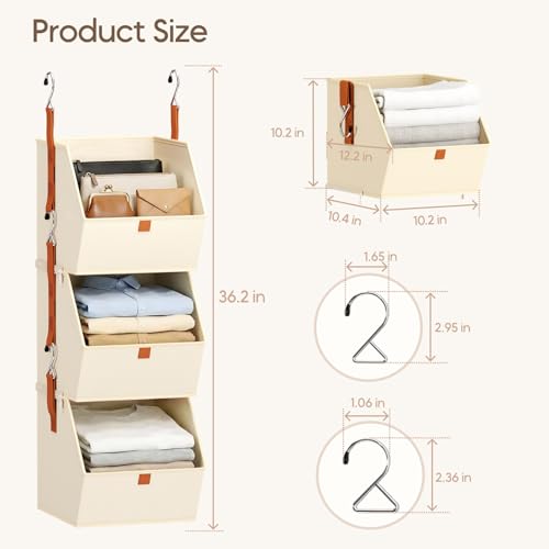Image of Homsorout Collapsible Hanging Closet Organizer - 3 Tier Closet Shelves Storage System with Hooks, Fabric Hanging Storage Bins for Clothes, Foldable Storage Basket for Laundry, Bedroom, Rv, Beige