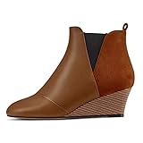 HDEUOLM Mujer Medio cuña esparto Heel Redonda Punta Botines Slip-on de Boda Cute 5 CM Heels Zapatos Marrón 37 EU