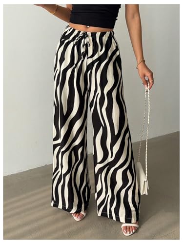 GORGLITTER Women's Animal Printed Wide Leg Pants Dressy Summer Casual Boho Beach Low Waist Stripe Linen Pants3