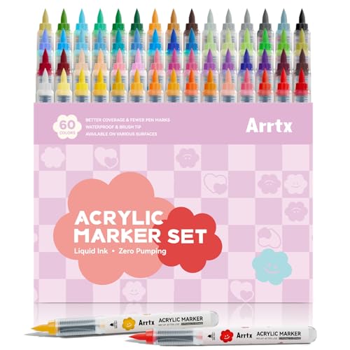 Arrtx Set di 60 matite acriliche con punta a pennello e grande capacità per pittura a pietra, vetro, legno, tela, ceramica, plastica – pennarelli acrilici per progetti artistici e disegni fai da te