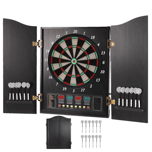Pro Electronic Dartboard Cabinet Set with LED Digital Scoreboard Electronic Dart Board Over 27 Games and 243 Variations for Adults Built-in MDF Cabinet for 12 Soft Tip Darts 88 Tips 16-Player Scoring
