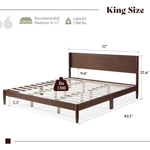 Image of AMERLIFE Solid Wood King Size Bed Frame, Mid Century Modern Platform Bed with Full Panel Headboard, Noise-Free & Cylindrical Legs, No Box Spring Needed, Under-Bed Storage, Dark Walnut