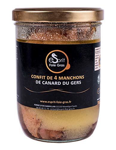 Esprit Foie Gras - Confit de 4 manchons de canard du Gers - 700 G - Conserverie familiale du Gers - Plat cuisiné pour 2 personnes - Canard élevé et transformé dans le Gers - Terroir et gastronomie du Sud-Ouest