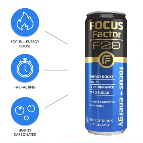 Focus Factor F29 Nootropic Focus + Energy Drink – Pack Of 12 – Lightly Carbonated – Nootropic Beverage, 10 Calories Per Serving – Sugar Free Energy Drinks - Nootropic Beverage, Blue #TOP4