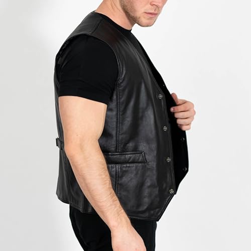 Image of BRICK LANE Men's Leather Vest | V-Neck Western Design Waistcoat with 4 Pockets - Lamb Nappa Leather Lightweight Jacket