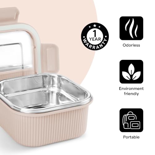 Image of Larah by BOROSIL Freshbyte Food Storage Container with Airtight Stainless Steel Lid | Fridge Container for Lunchbox | Food Grade | Microwave Safe (Beige, 250 ml, Square)