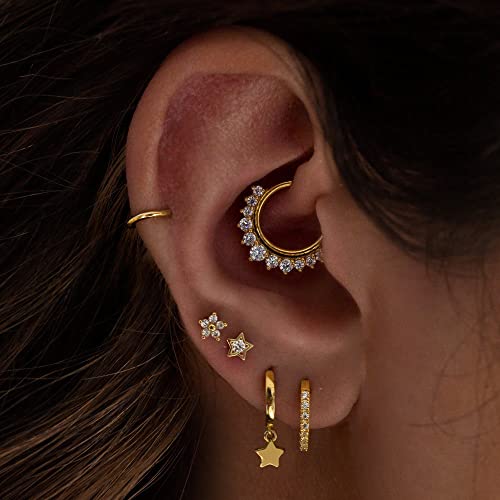 Natural Diamond Septum Conch Piercing In 14K Solid Gold, 16-18-20G Septum Helix Clicker Piercing Earring, Daith Ring (White Gold, 14K Gold) #TOP1
