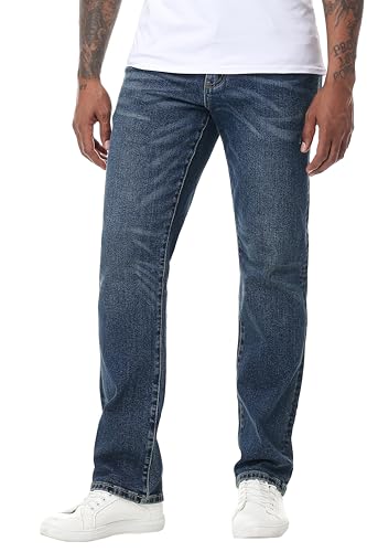 MZNBURAM Men's Stretch Relaxed Fit Straight-Leg Cotton Fashion Comfort Flex Waist Denim Pants Jeans (36, A#Dark Blue)