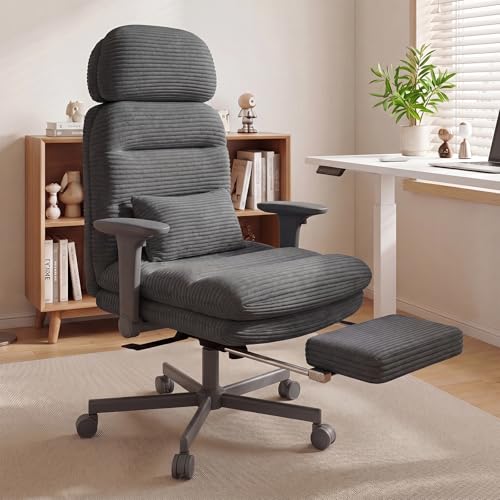 Image of GXJ Criss Cross Legged Office Chair with Flip-up Arms, Footrest, G800 Plus | 6.3 inch Cushion Relieves Tailbone Pain, Head-Lumbar Support Eases Fatigue, Smooth Rolling Wheels, Corduroy Desk Seating, Black