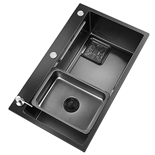 JOMRTS Kitchen Sink Drop in Kitchen Sink Black Kitchen Sink Stainless Steel Kitchen Sinks Single Bowl Workstation Sink with Cutting Board and Drainer Basket (A 75x45CM)