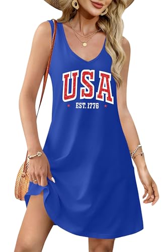 Image of LHBNK 4th of July Dress for Women: American Flag Tank Dresses Star Striped Splicing Loose V Neck Sundresses