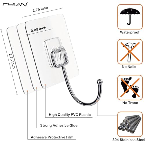 Image of TEKCOOL Wall Hooks for Hanging Strong, 10 Pack Adhesive Hooks for Wall Heavy Duty, Wall hangings, Kitchen Accessories Items. (10 Pack)'