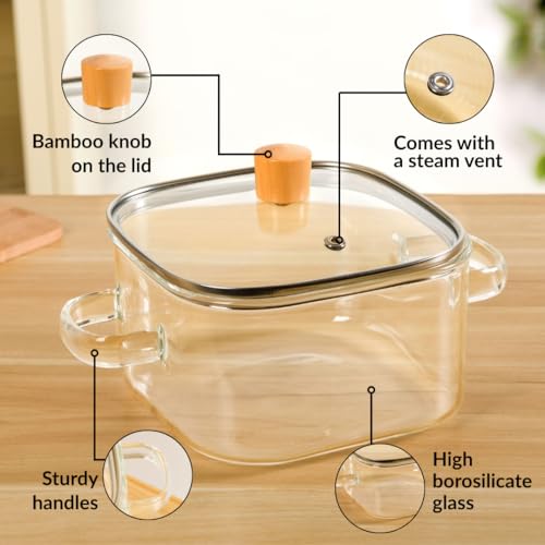 Image of Nestasia Borosilicate Glass Cooking Pot with Glass Lid (2200 ml) - Square Casserole with Air Vent Lid on Gas Stove | Microwave & Dishwasher Safe Durable Handi for Kitchen