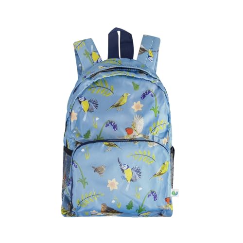 Image of Eco Chic Lightweight Foldable Water Resistant Mini Backpack Folds Into Pouch for Storage (RSPB Birds Blue)