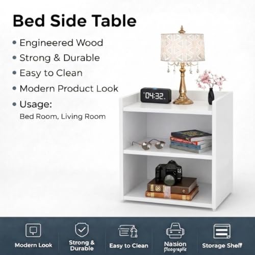 Image of SPYDER CRAFT 2 Tier Engineered Wood Bedside Table for Bedroom|Wooden Modern Side Tables for Bedroom|Side Table for Bed Room|Corner Table for Bed Room Finish Color -White, DIY(Do-It-Yourself)