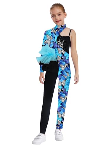 Fldy Maillot de gimnasia de cuerpo completo para niña, con purpurina, manga larga, con volantes, disfraz de baile, mariposas, 146-152