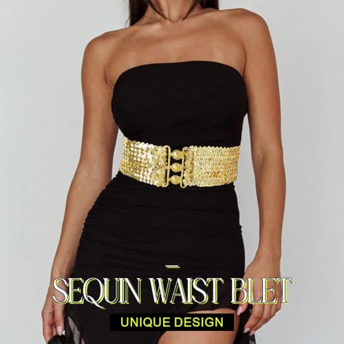 Asooll Sparkly Gold Sequin Waist Blet Wide Elastic Waistband Party Club Dress Belt for Women2