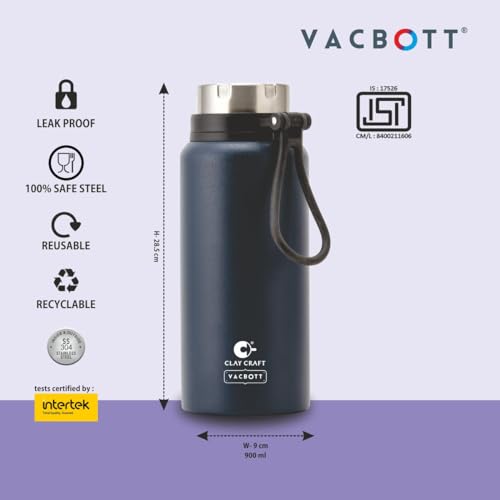 Image of CLAY CRAFT VACBOTT Topaz Uno Double Walled|18 Hours Hot and 24 Hours Cold Vacuum Insulated|Thermosteel|Flask Bottle 900 ml Steel Bottles for Travelling|BPA-Free|BIS Certified|1Year Limited Warranty