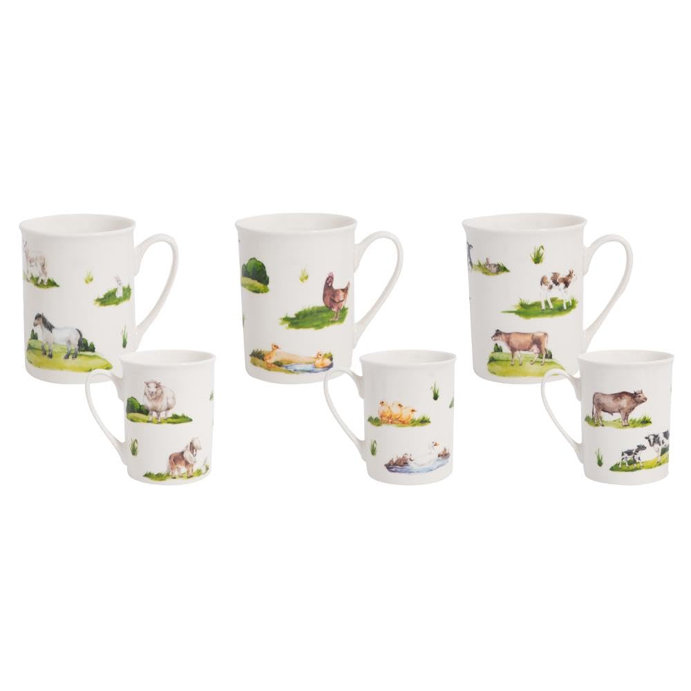 Set of 6 Farm Animal Mugs - Tea Coffee Cups Hot Chocolate Latte Cappuccino - Cow Pig Horse Home Kitchen Office White Modern Contemporary Design Mug Set