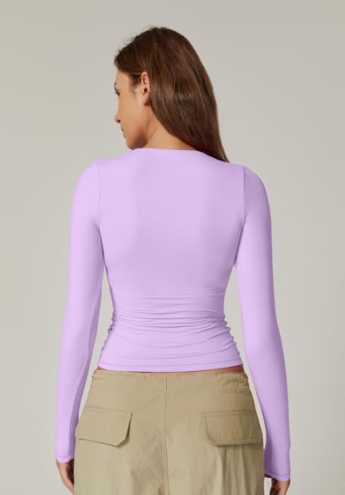 QINSEN Women's Sexy Square Neck Shirt Long Sleeve Double Lined Tees Fitted Going Out Tops - Image 2