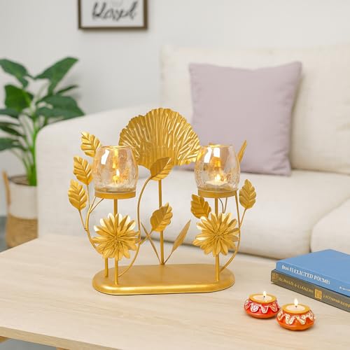 Image of MARKET 99 Metal+Glass 2 Votive T- Light Holder | Elegant Home Decor for Diwali, Christmas, Birthday, and Wedding | Decorative Candle Holder for Ideal for Festive & Ambient Lighting | Golden