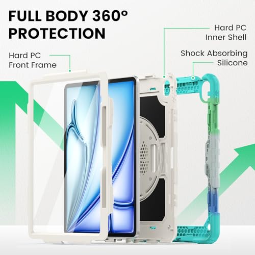 Image of SEYMAC for iPad Air 13 Inch Case M4 / M3 / M2 (2026 /2025 / 2024), Heavy Duty Shockproof Protective Case with Screen Protector, 360 Rotating Stand, Hand /Shoulder Strap and Pen Holder, Colorful Blue