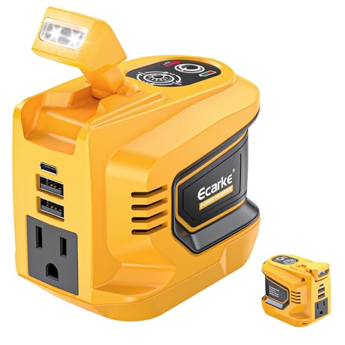 Image of Ecarke 200W Portable Power Inverter Compatible with DeWALT 20V Battery, DC 20V to AC 110V Power Station with 1 AC Outlet, 2 USB, 1 Type-C & LED Light, for Outdoor Emergency Use (No Battery)