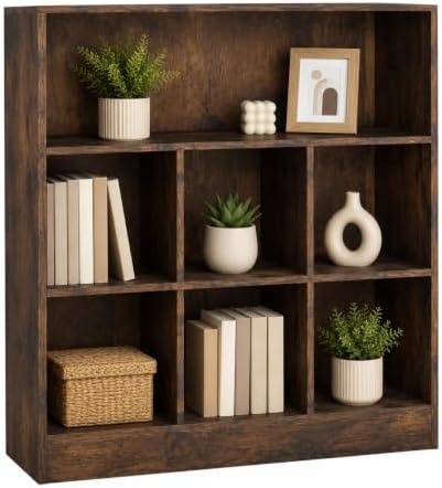 URBNLIVING Wide Wooden 7 Cube Bookcase Storage Unit (Rustic Brown...