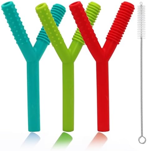 Teether Tubes for Babies 3-6 Months, 3 Pack Silicone Hollow Chew Tube Toy for Autistic Children, Y Shape Chewable Straw Baby Teether Toys for Infants Autism with Teething Nursing Biting Chewing