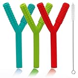 Teether Tubes for Babies 3-6 Months, 3 Pack Silicone Hollow Chew Tube Toy for Autistic Children, Y Shape Chewable Straw Baby Teether Toys for Infants Autism with Teething Nursing Biting Chewing