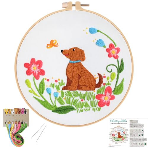 Image of Louise Maelys Dog Embroidery Kits for Beginners with Floral Pattern,Cross Stitch Kit for Adults DIY Needlepoint with Embroidery Instructions