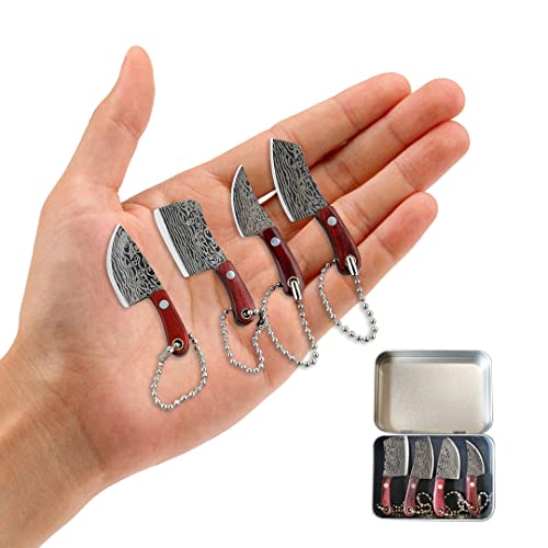 HAOXU Mini Chef Knife Set - Damascus Pocket Knife - Tiny Knife Cleaver - Box Cutter - Set of 4
