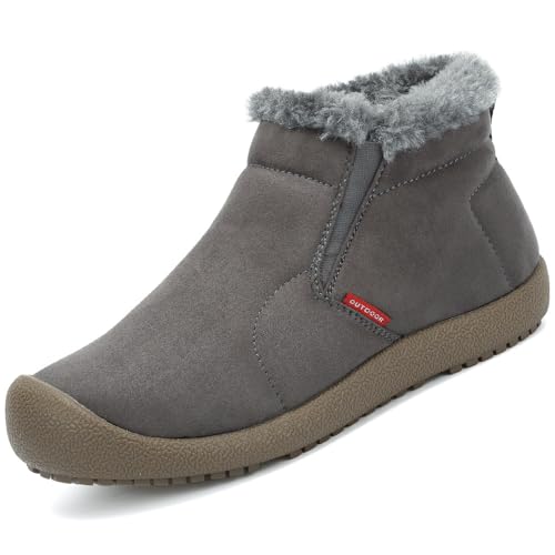 VTASQ Men's Winter Snow Boots Fur Lined Warm Ankle Booties Home Slippers Anti-Slip Outdoor Slip On Walking Boots Comfy Grey-1 9 UK