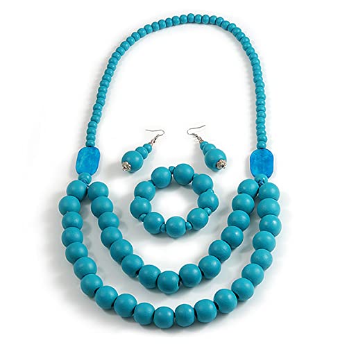 Collar de cuentas de madera largo de 90cm pulsera ajustable y pendientes turquesas 3