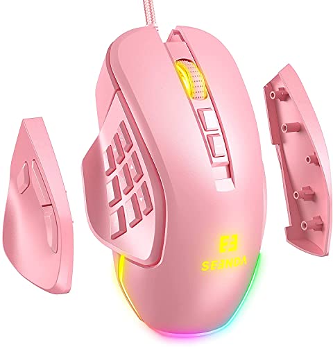 Seenda Souris Gaming RGB Personnalisable, Design Ergonomique,Souris de Jeu avec 6 DPI de Haute précision(1000-10000), 14 Boutons programmables, 4 plaques latérales interchangeables, (Rose) Cover
