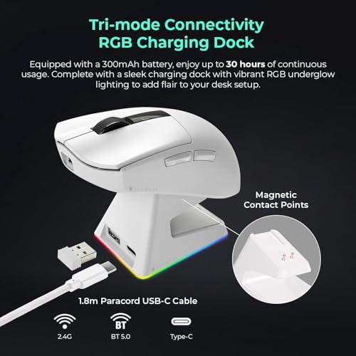 Image of TECWARE EX1 Lightweight Gaming Mouse | 26K DPI Wireless Mouse with OLED Display | 59g Ultra-Light Design | RGB Charging Dock | Tri-Mode Connectivity 2.4GHz /Bluetooth /Wired with Grip Tape | White