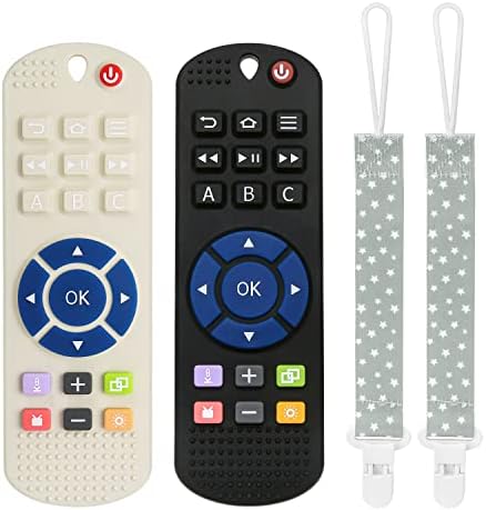 MISSLILI 2 Pack Silicone Baby Teether Toys, Teething Toys for Babies 0-24 Months – Boys Girls Toddlers Molar Teether Chew Toys Set, Remote Control Shape Teething Toys Gift (Black+White)